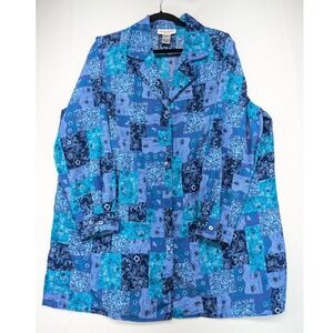 Brylane Woman Blue Patchwork Floral Paisley Button Up Blouse‎ Top Large